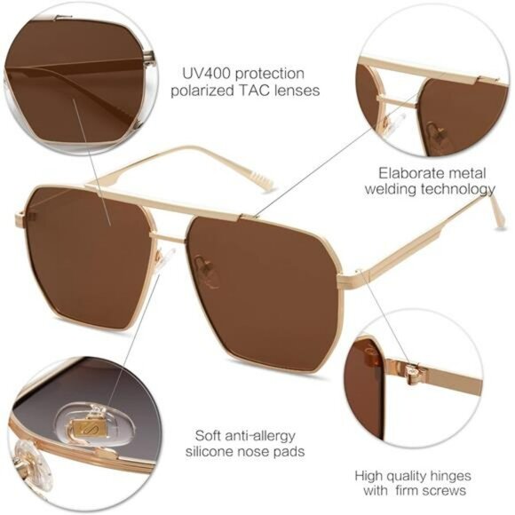 Oversized Square Polarized Sunglasses Women Men Retro Metal UV Protection - Picture 4 of 6